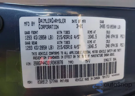 2001 Dodge Caravan Sport from USA, damaged, VIN 2B8GP44331R303878